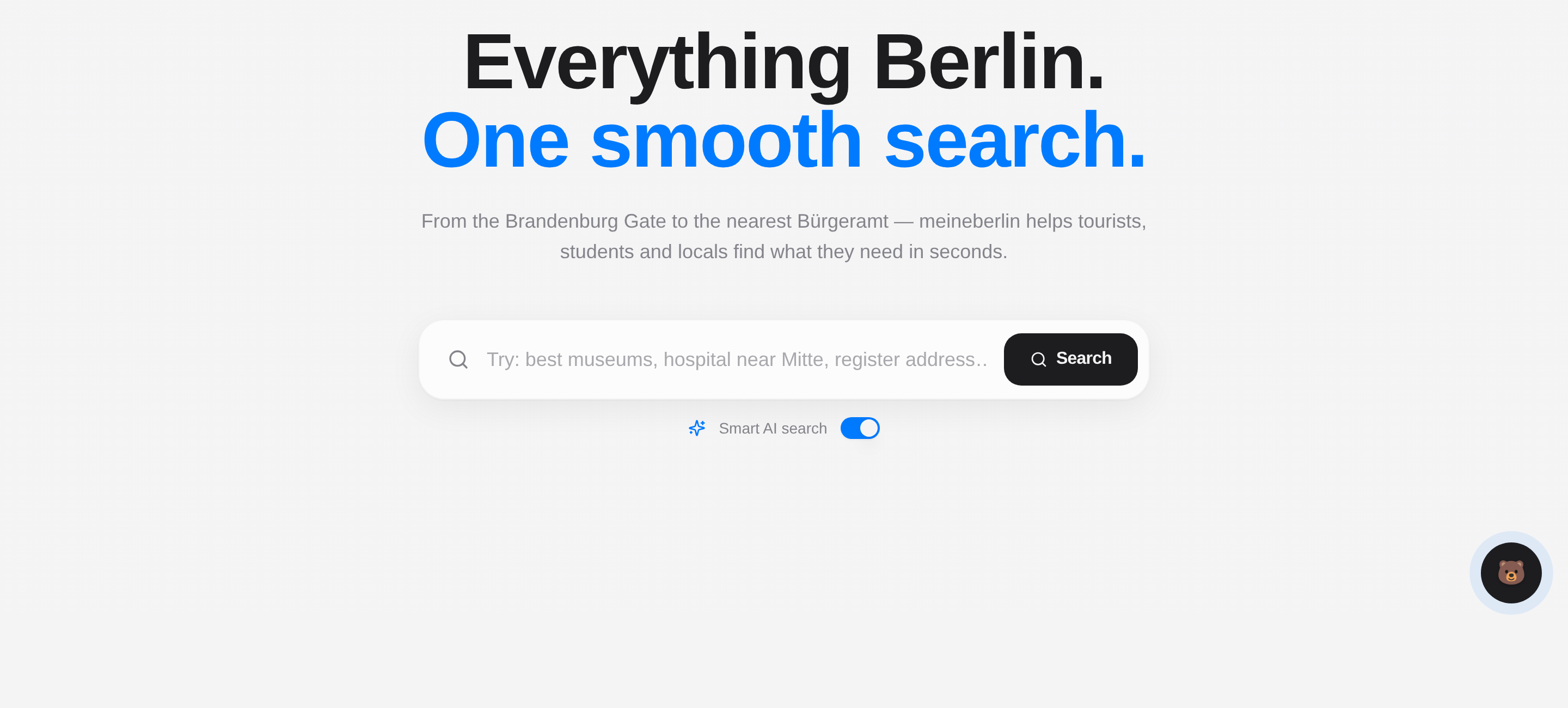 meineberlin landing page — the headline "Everything Berlin. One smooth search." above a search box with a Smart AI search toggle